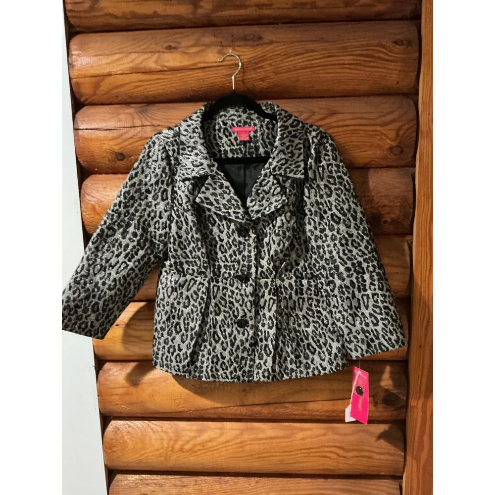 Sunny Leigh Womens Silver Metallic Leopard Print Blazer Jacket Size 12 NWT